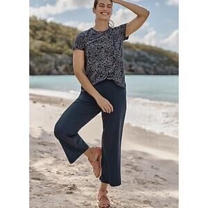 J Jill Size M Pants Full Leg Split Hem Crop Linen Blend High Rise Navy Blue Zip